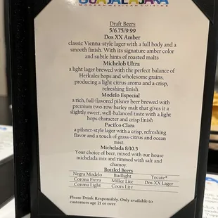 the menu for the restaurant