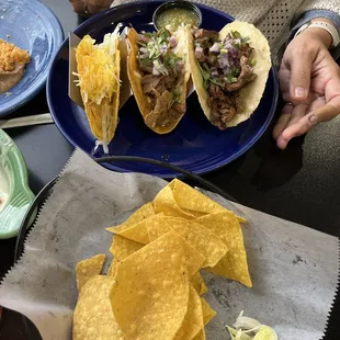 Traditional taco, quesa burria taco and carne azada taco.