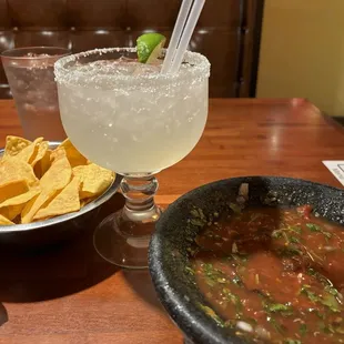 Chips and salsa with house margarita!