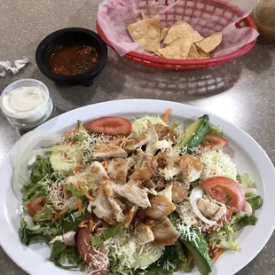 Chicken salad and chips and salsa