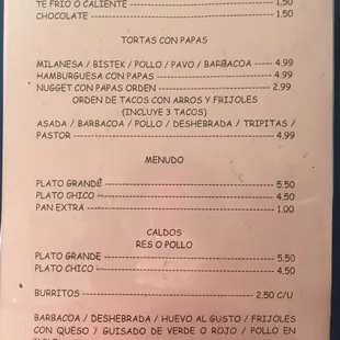 the menu of the restaurant