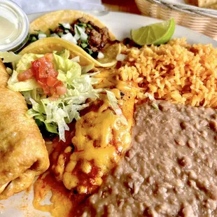 Chimichanga, Steak Taco, Chicken Enchilada with rice and beans