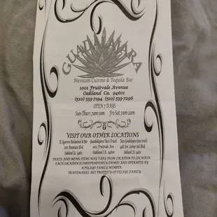 Menu as of March 2021