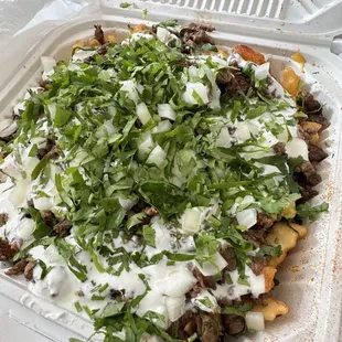 Carne asada fries with crema, nacho cheese, cilantro, and onion