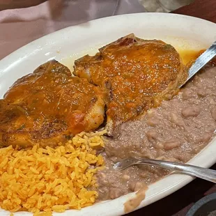 4-12-2022. #3 Pork chops (two) with rice and beans and  tortillas