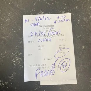 a receipt for a pizza order