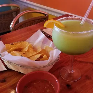 Free nachos, salsa, lime margarita