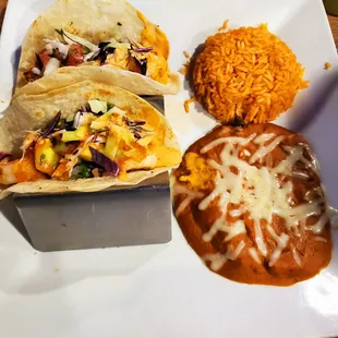 Shrimp tacos with rice and beans