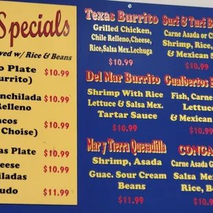 Menu, weekly specials and burritos