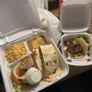 Chicken quesadilla plate and asada taco