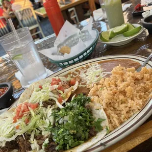 Chicken taco, steak taco, shredded beef taco.