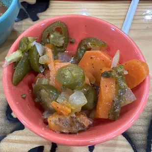 Pickled carrots and jalapeños