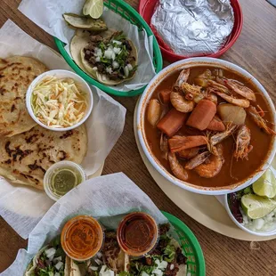 caldo de camerones, tacos, and pupusas