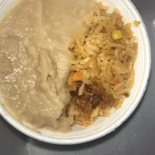 Rice and beans in a medium size container (very delicious)