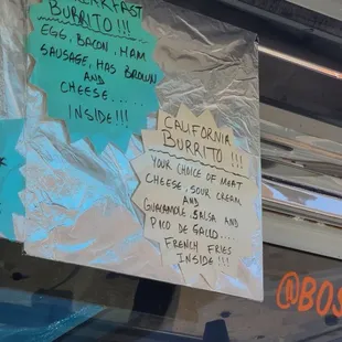 contents of a breakfast burrito and California burrito