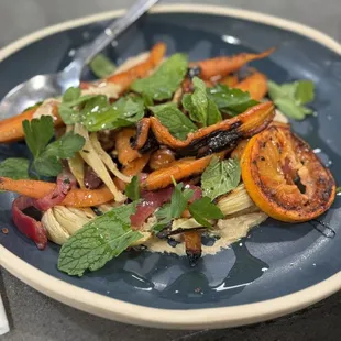 Hana acre farm roasted carrots, twin peaks orchard blood oranges, fennel, maple, tahini. DELICIOUS!