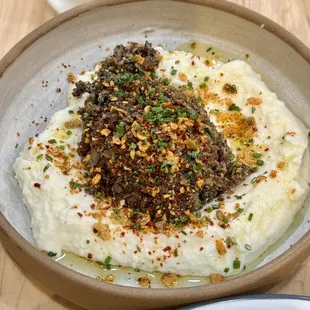 Mushroom dip with puffed flatbread instead of chips. Yum!