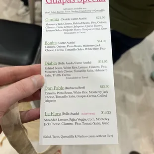 Specials menu