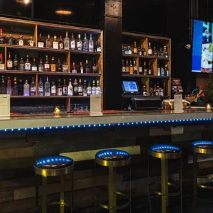  bar with blue stools