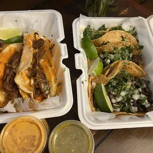 Quesa Birria left and the tacos on the right. It came with a hot orange salsa and a mild green.