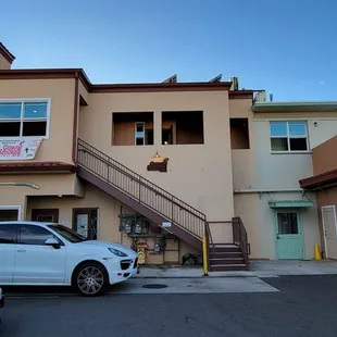 Parking lot going upstairs to the restaurant