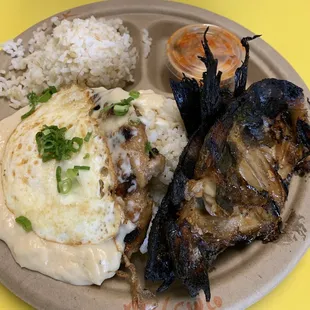 Loco moco and smoked butter fish combo