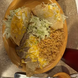 Two beef tacos, rice, and beans, $11.99