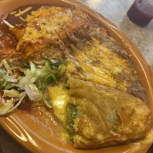 Chili relleno beans and enchiladas