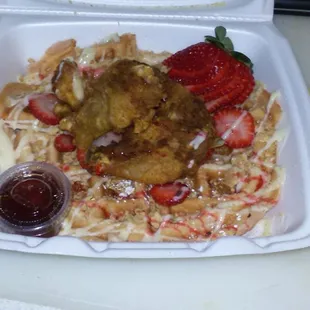 Worlds best CHICKEN N WAFFLE It was a strawberry cheese cake waffle they have NEW CHEF in there