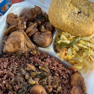 Brown stew chicken, rice &amp; peas, cabbage, beef patty