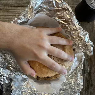 Steak Torta, no lettuce/tomato, hand for size reference