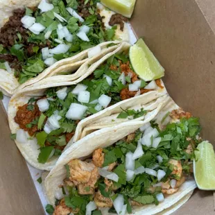 Steak, pork, and chicken tacos