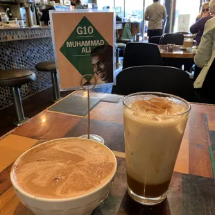 (left) spicy mocha; (right) horchata latte (iced)