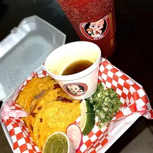 Quesa Birria tacos, consome, and a sandia fresca loaded!