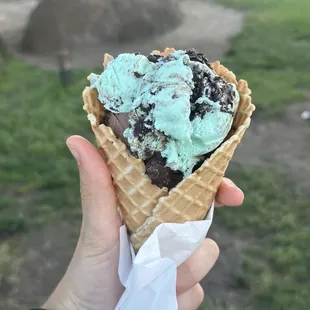 Mint and salted coffee in waffle cone