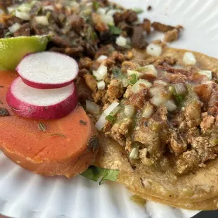 Pollo and pastor tacos