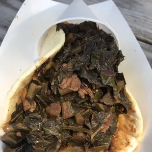 Soul Train - braised beef short ribs, collard greens and butternut squash mash with thick homemade tortillas