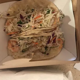 Shrimp tacos, my favorite, it has a spicy kick to it.