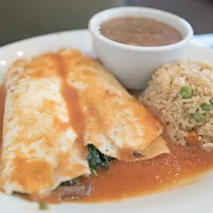 braised beef enchilada and spinach and mushroom enchilada