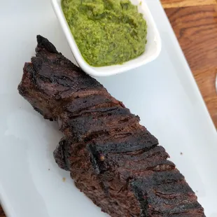 Hangar Steak w/ Jalapeno Avocado sauce. Delicious and not too spicy.