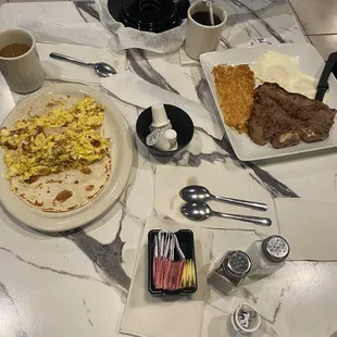 The tacos are of bacon &amp; egg, and that is the American Steak Breakfast, photo taken in March 2023.