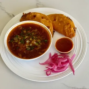 Red Tacos de Birria Res y Chivo! Birria con Consomé.