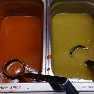 Delicious spicy salsa on the left.