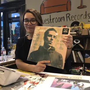 Jackie at Guestroom Records in Norman checking us out. Picking up "Why Me? Why Not." by Liam Gallagher on day of release.