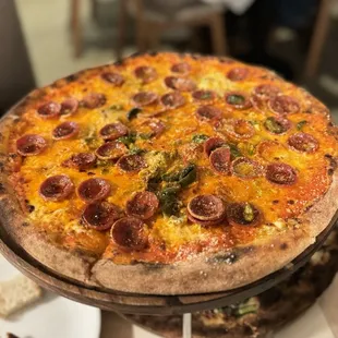 pepperoni with vodka sauce, and castelvetrano olives