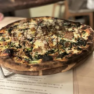 spigarello kale with lemon cream, provolone, fried garlic + chili, and balsamic