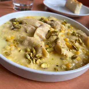 Mortadella Agnolotti with corn and pistachio: very good