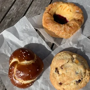 Prance scone, cherry cheese danish, pretzel ball