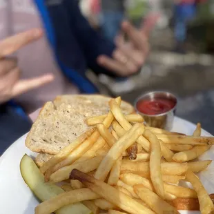 a plate of french fries and a sandwich