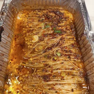 Grilled enoki mushrooms.